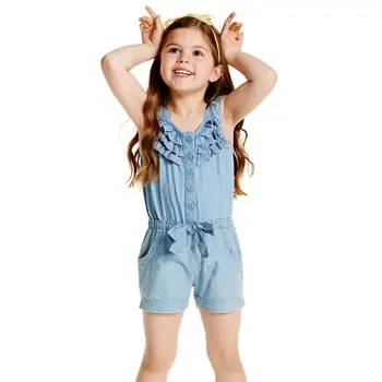 Kids Girls Clothing Rompers Denim Blue Cotton Washed Jeans Sleeveless Bow Jumpsuit 0-5Y L07