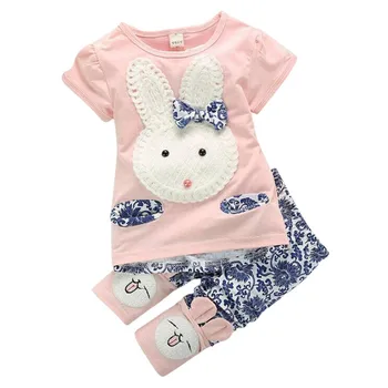2Pcs Suits Baby Kids Girls Clothes Sets Cute Rabbit Cartoon T-shirt Tops +Short Pants Summer Style Children's Clothing Sets