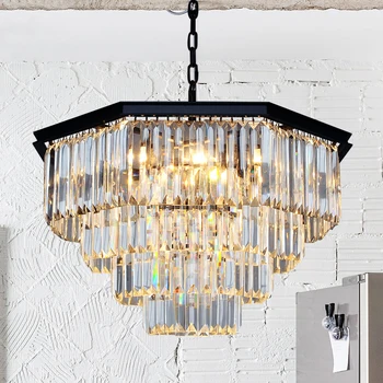 T American Retro Crystal Pendant Light Black Iron For Bedroom Dining Room Living Room Led Bulb Included Creative
