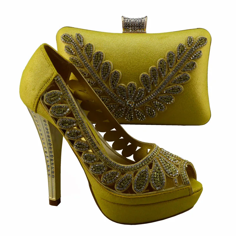 1308-L71 Yellow Shoes with peep toe talian shoes with matching bags set new fashion stones African shoes and bag sets