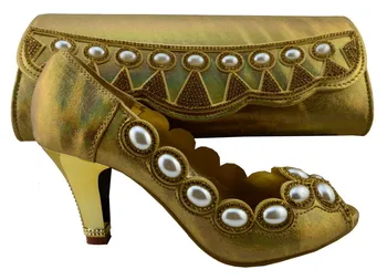 Most Popular Italian Shoes With Matching Bags African Women Heels and Bags Set 1308-L59 gold color in stock.