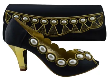 Most Popular Italian Shoes With Matching Bags African Women Heels and Bags Set 1308-L59 gold color in stock.