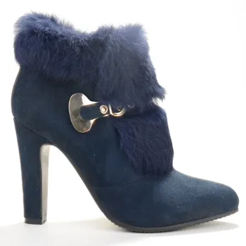 Blue Winter Faux Fur Heels Boots For Women Buckle Closed Pointed Toe Ankle Length High Boots Red Ankle Boots For Women Size 12