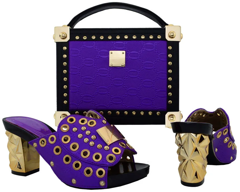 New Coming Fashion Italian Shoes With Matching Bags Set For Wedding And Party African Shoes And Bag Sets Size Purple BCH-21