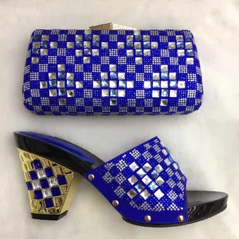 Royal Blue African Wedding Sandal Shoes And Match Bag Set With Stones For Party Italian Shoes With Bag Set TT16-10