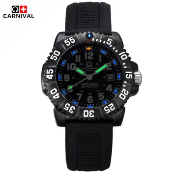 2016 New Carnival Tritium luminous military Quartz watch men's luxury brand full steel Quartz watch 200m waterproof sports watch