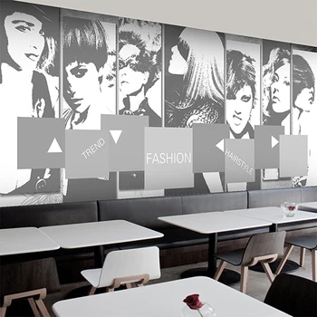 Custom Fashion Popular Black and White Painted Graffiti Mural KTV Bar Beauty Salon Barber Shop Background Wallpaper