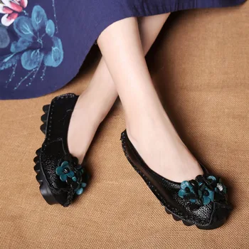 Top quality Handmade floral women shoes genuine Leather 5 colors spring loafers women flats ballet casual boat shoes woman