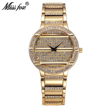Miss Fox Women Watch Luxury Brand 2017 Gold Full Diamond 37mm Watch Female Gems Steel Timepiece Women Relogio Feminino Dourado