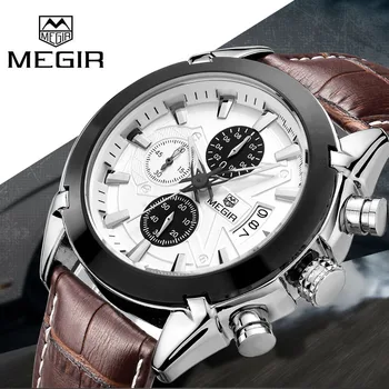 MEGIR Casual Watch Men Luxury Brand Quartz Military Sport Watch Genuine Leather Chronograph Men's Wristwatch Relogio Masculino