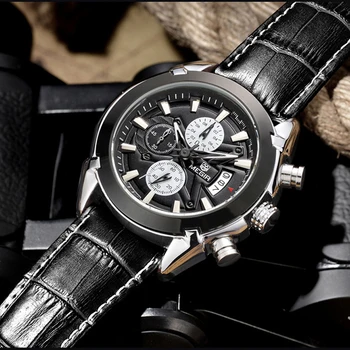 MEGIR Casual Watch Men Luxury Brand Quartz Military Sport Watch Genuine Leather Chronograph Men's Wristwatch Relogio Masculino