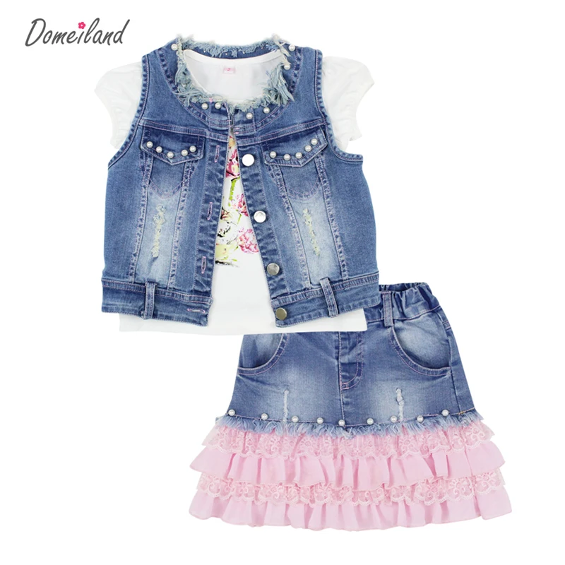 2017 fashion domeiland children clothing sets 3pcs bead baby girl outfits sleeveless Cardigan jacket lace Denim skirt clothes