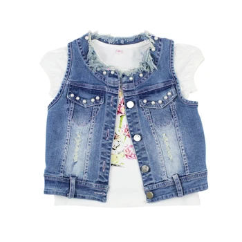 2017 fashion domeiland children clothing sets 3pcs bead baby girl outfits sleeveless Cardigan jacket lace Denim skirt clothes