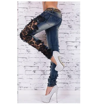2017 Spring New Fashion Lace Stitching Demin Pants Women's Low Waist Pencil Pants Jeans Long Stretch Trousers