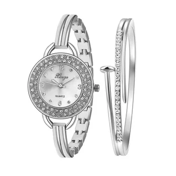 New Women Wristwatches Luxury Fashion Silver Rhinestone Bangle Watch Bracelet Set