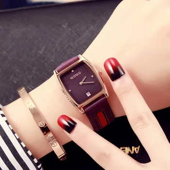 Ultra-thin Lady Watches GUOU Brand Fashion Square Quartz Watch Waterproof Woman Genuine Leather Wrist Watches Relogio Masculino