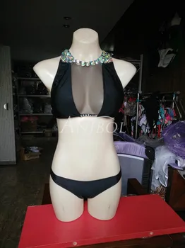Anibol 2017 High Neck Luxury Rhinestone Diamond Bikini See Through Mesh Hollow Out Sexy Women Swimsuit Retro Crystal Swimwear