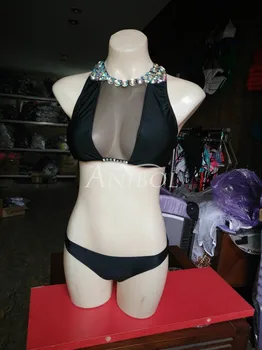 Anibol 2017 High Neck Luxury Rhinestone Diamond Bikini See Through Mesh Hollow Out Sexy Women Swimsuit Retro Crystal Swimwear