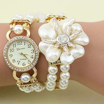 Luxury with resin white pearl bracelet flower pendant quartz watch women dress watch montre 2017 female feminine clock