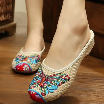 Butterfly Embroidery Sandals Summer Fashion Women Slippers Chinese Casual Slippers 36-41 Flower Shoes Woman SMYXHX-10065