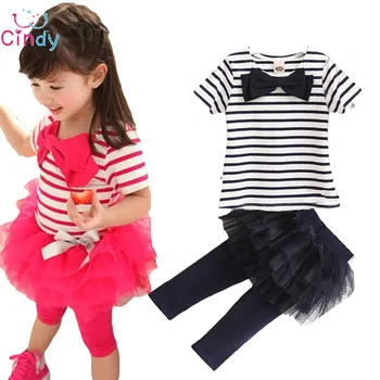 2pcs Outfit Baby Kid Girl Stripe Bow Tops Tee Shirt+Tulle Tutu Skirt Legging Set