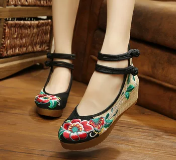 Fashion Chinese Style Mary Janes Inside Increased Embroidery 5cm Pumps Soft Sole Cloth Shoes Woman SMYXHX-10028