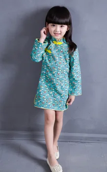 Fashion Chinese Style Girl Dress Cotton Long Sleeve Chinese Cheongsam for Kids Baby Girls Qipao Spring Autumn Girls Clothes