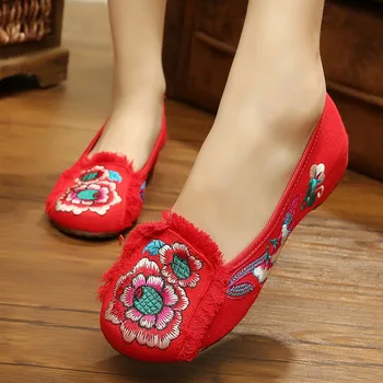 Fashion Chinese Style Loafer Flats With Tassel Embroidered Shoes Red+Black Casual Cloth Shoes Woman SMYXHX-10067