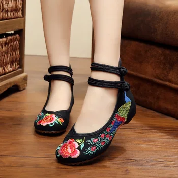 2017 Spring New Black Wedges Heels Embroidery Shoes For Women Women'S Flats Dance Shoes SMYXHX-10064