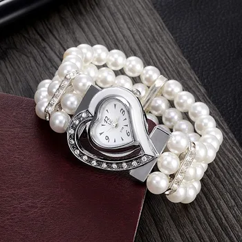 2017 New Brand Women Pearl Bracelet Watch Unique Design Heart Shape dial Fashion Ladies Dress watches relogio original