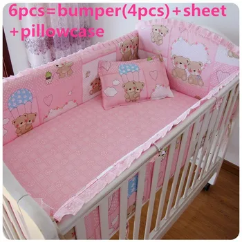 Promotion! 6PCS Baby Crib bear character sleeping pillow sheet set cotton baby nursery bedding (bumper+sheet+pillow cover)