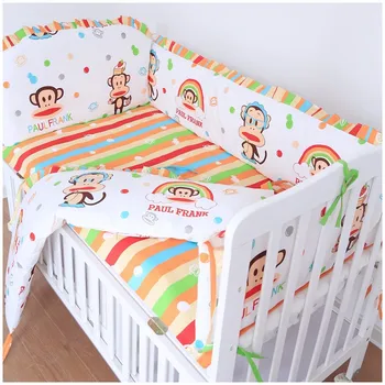 Promotion! 6PCS Appliqued Baby Cot Crib Bedding set for girl and boys ,include:(bumper+sheet+pillow cover)