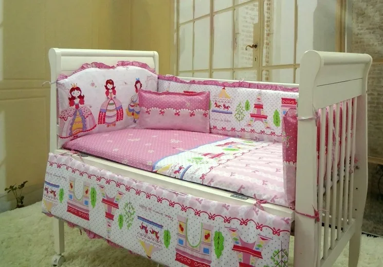Promotion! 6PCS curtain crib bumper baby cot sets baby bed bumper (bumpers+sheet+pillow cover)