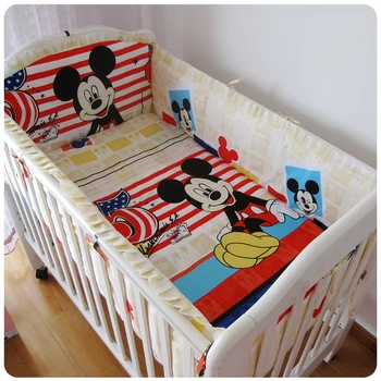 Promotion! 6pcs Mickey Mouse baby crib bumper cotton cot baby bedding set ,include (bumpers+sheet+pillow cover)
