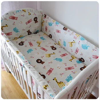 Promotion! 6PCS Baby Cot Bedding Set Cotton Crib Bedding for Children Detachable ,include:(bumper+sheet+pillow cover)