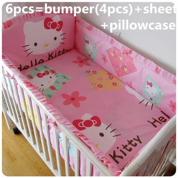 Promotion! 6PCS Hello Kitty Baby Bedding Set Cotton Embroidery Crib Bedding Baby (bumpers+sheet+pillow cover)