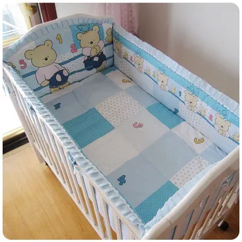 Promotion! 6PCS Bear baby bedding set cot nursery bedding bumper cot crib set (bumper+sheet+pillow cover)