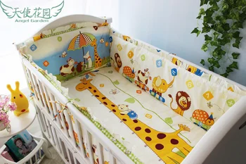 Promotion! 6PCS Forest Baby Crib Set Bedding Sets Cotton Cartoon Nice Lovely Design (bumper+sheet+pillow cover)