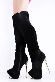 Sexy Black Color Transparent High Heel Autumn Pumps Flocking Party Shoes Knee High Boots Zipper Plus Size 34 Platform Shoes