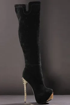 Sexy Black Color Transparent High Heel Autumn Pumps Flocking Party Shoes Knee High Boots Zipper Plus Size 34 Platform Shoes