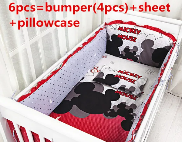 Promotion! 6PCS mickey mouse baby bedding set bed around bedding kit baby bedding set (bumpers+sheet+pillow cover)