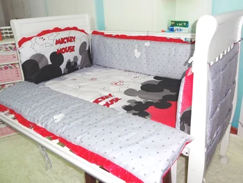 Promotion! 6PCS mickey mouse baby bedding set bed around bedding kit baby bedding set (bumpers+sheet+pillow cover)