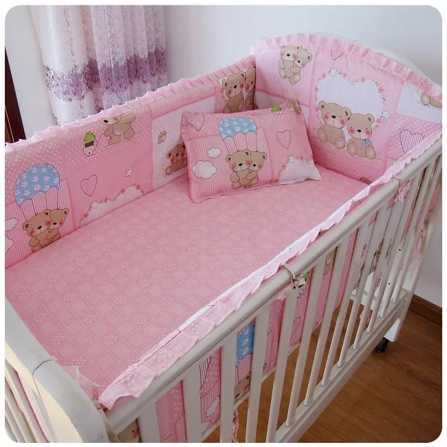 Promotion! 6pcs Pink Bedding Set Hot Baby embroidered Suite Piece Baby Bedding Set (bumpers+sheet+pillow cover)