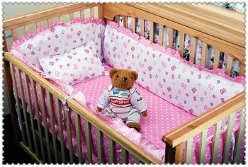 Promotion! 6pcs Pink Baby Bed baby bedding set unpick and wash the crib piece set (bumpers+sheet+pillow cover)