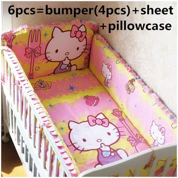 Promotion! 6pcs Hello Kitty baby cotton crib bedding set for boys Applique baby bumper ,include(bumpers+sheet+pillow cover)