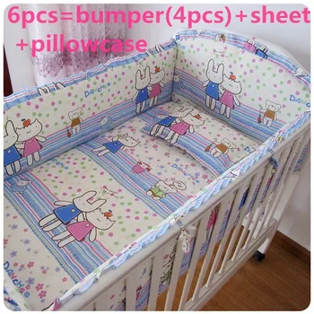 Promotion! 6PCS Cute Children Bed Bedding Around Set Cotton Crib Sets (bumper+sheet+pillow cover)