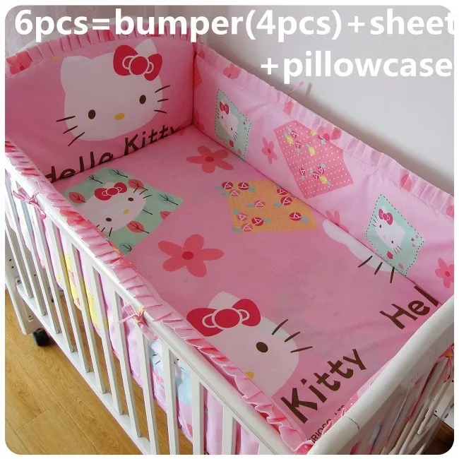 Promotion! 6PCS Hello Kitty Baby bedding kit baby bedding kit bed around (bumpers+sheet+pillow cover)