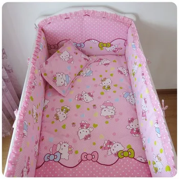 Promotion! 6pcs Hello Kitty Crib Bedding Baby Cots Boy Baby Set Baby Bedding (bumpers+sheet+pillow cover)