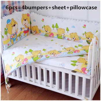 Promotion! 6PCS Cotton Baby Cot Bedding Set Newborn Cartoon Crib Bedding (bumpers+sheet+pillow cover)