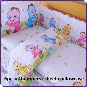 Promotion! 6PCS Baby bedding set cotton crib bumper suit cartoon bedclothes (bumpers+sheet+pillow cover)